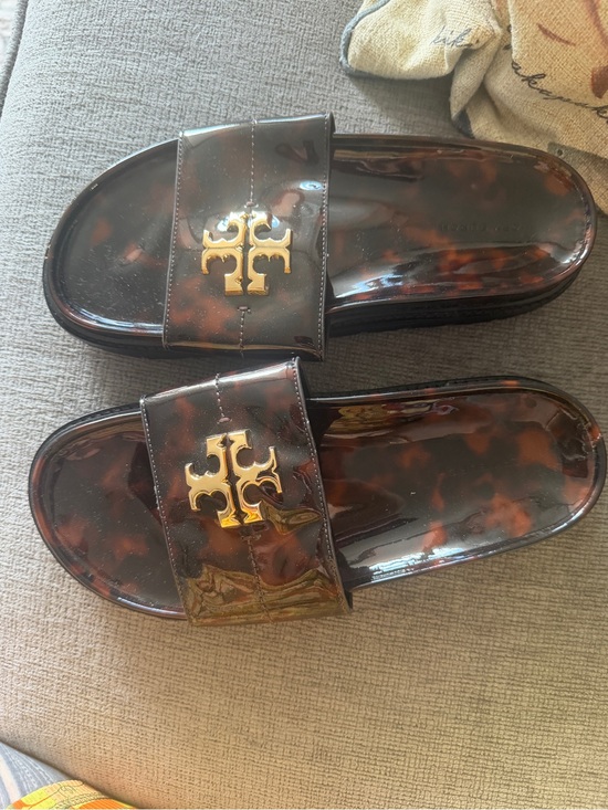 Tory Burch Shoes - Tory Burch Tortoiseshell Brown Slide Sandals with Gold Logo